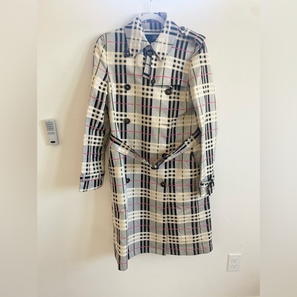 Burberry Grey Green Pink Nova Check Tartan trench coat US 10 - Picture 1 of 13